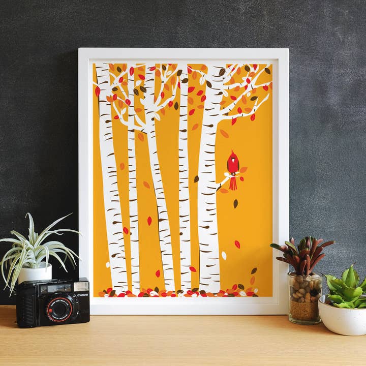 strawberryluna - Wholesale Art Print - Small Autumn Cardinal Print Birch Tree Art Red Bird3