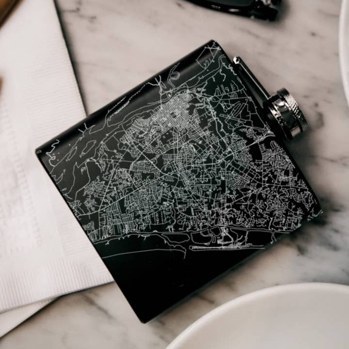 Wilmington NC Map Hip Flask in Matte Black for wholesale by JACE.design