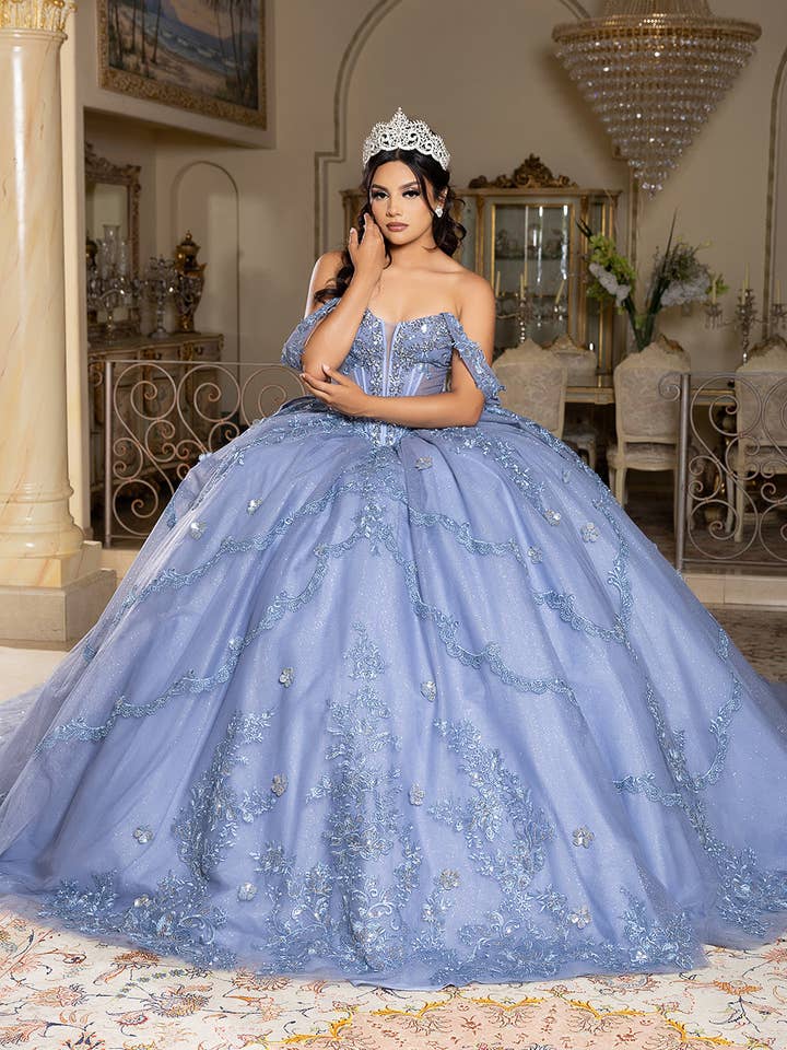 LA Merchandise - Wholesale Gown - Women's - Wholesale Off-Shoulder Quinceanera Ball Gown with Beaded Floral Applique and Corset Bodice by LA2830