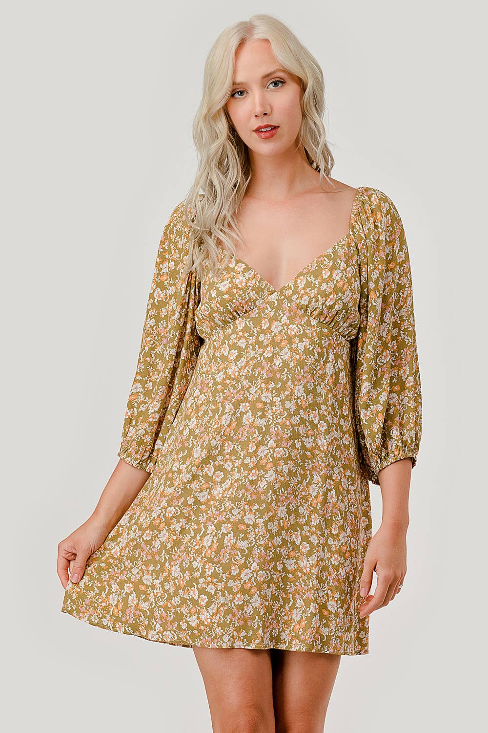 Olive Combo Floral Casual Mini Dress, WD62070 for wholesale on Faire6