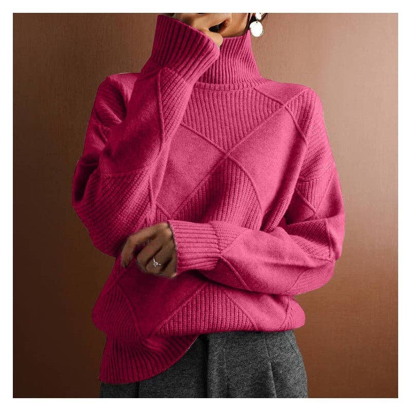 FurDecoration - Wholesale Pullover-trui - Dames - Losse, effen gekleurde diamanttrui met hoge hals3