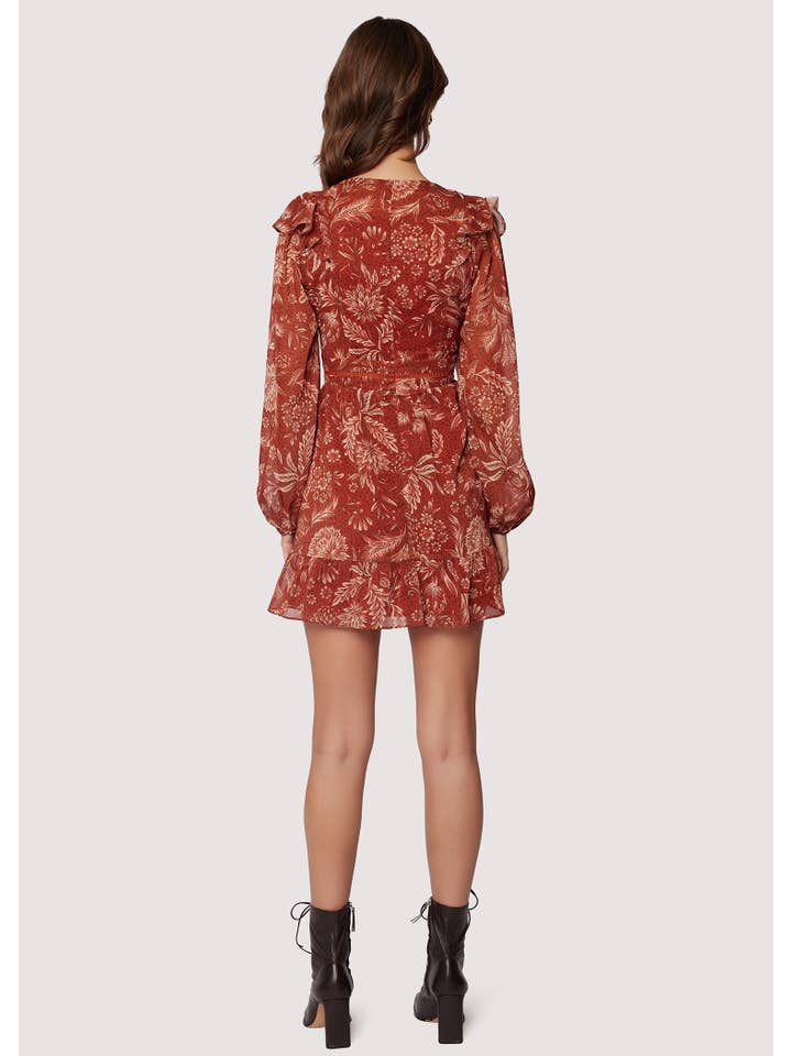 Florencia Mini Dress - Rust Fall V-Neck Long Slv Ruffle for wholesale on Faire