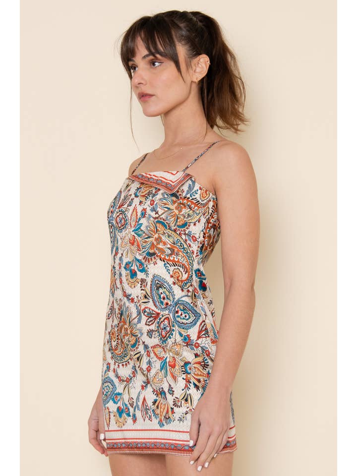 Ivory Multi SCARF PRINT SPG STRAP MINI DRESS- DI10395FO for wholesale on Faire1