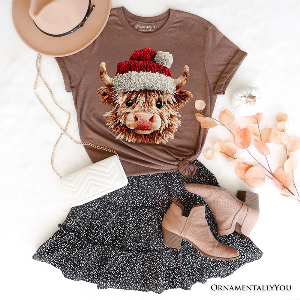 OrnamentallyYou - Wholesale T-Shirt (Graphic) - Women's - Highland Cow Santa Hat Christmas T-Shirt ,Cozy Tee1