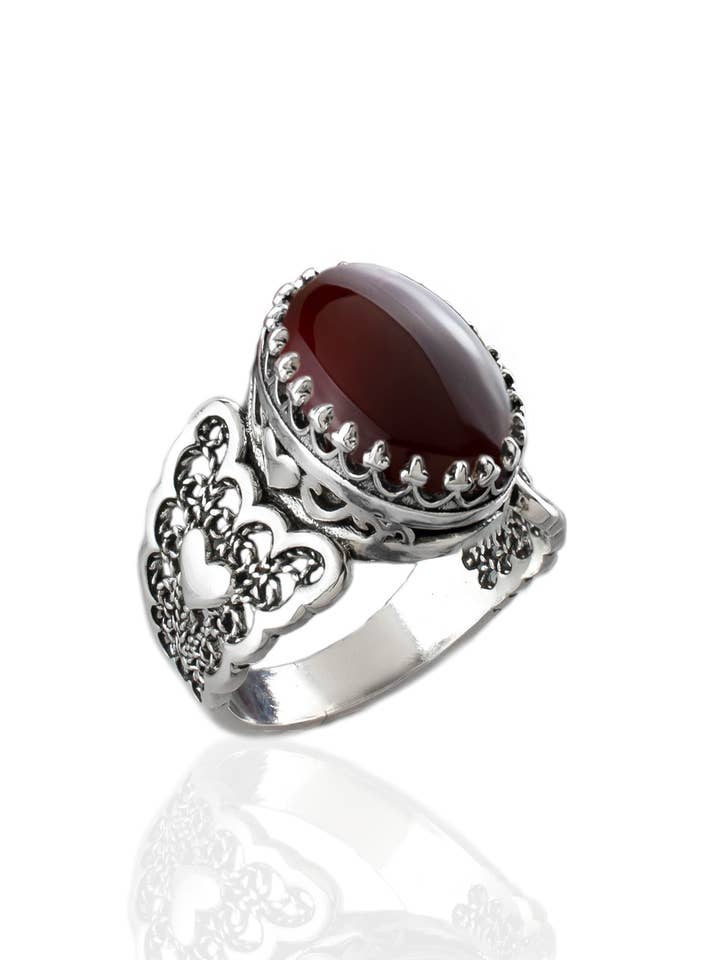 Art Double Heart Carnelian Gemstone Women Silver Ring for wholesale by Filigranist Jewelry