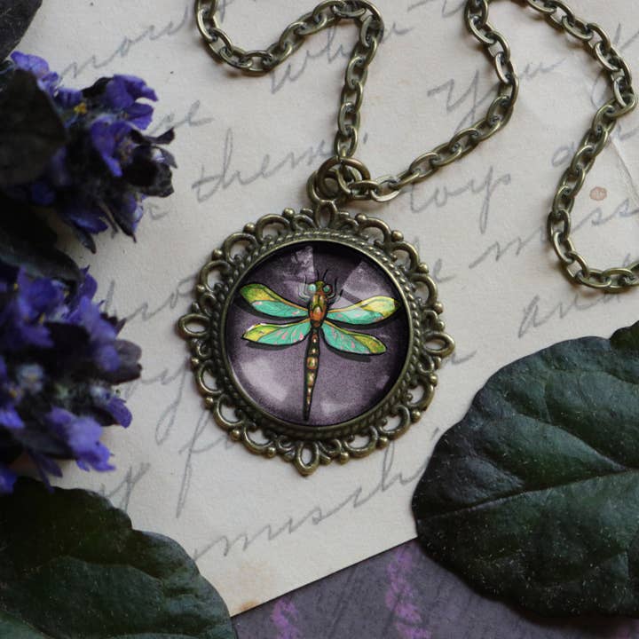 Purple Dragonfly Glass Cabochon Pendant Necklace for wholesale by The Divine Iguana