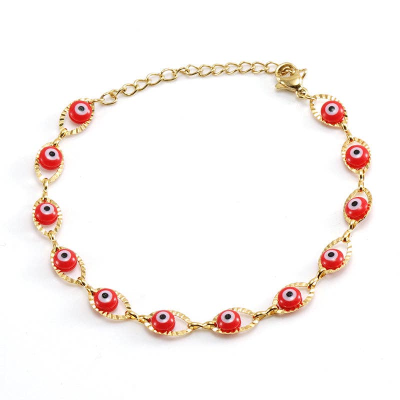 Mio Queena - Wholesale Charm/Dangle Bracelet - Enamel Evil Eye 18k Gold Plated Stainless Steel Bracelet-FGS8