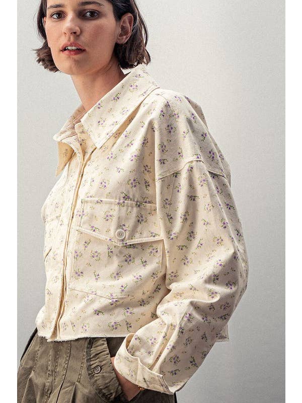 Urban Daizy - Wholesale Jacket - Women's - Floral Print Button Front Raw Hem Cotton Utility Jacket12