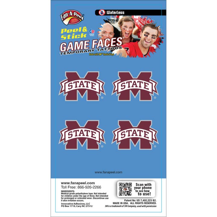 Mississippi State Game Faces® midlertidige tatoveringer for engroshandel hos Fanapeel / Gamefaces