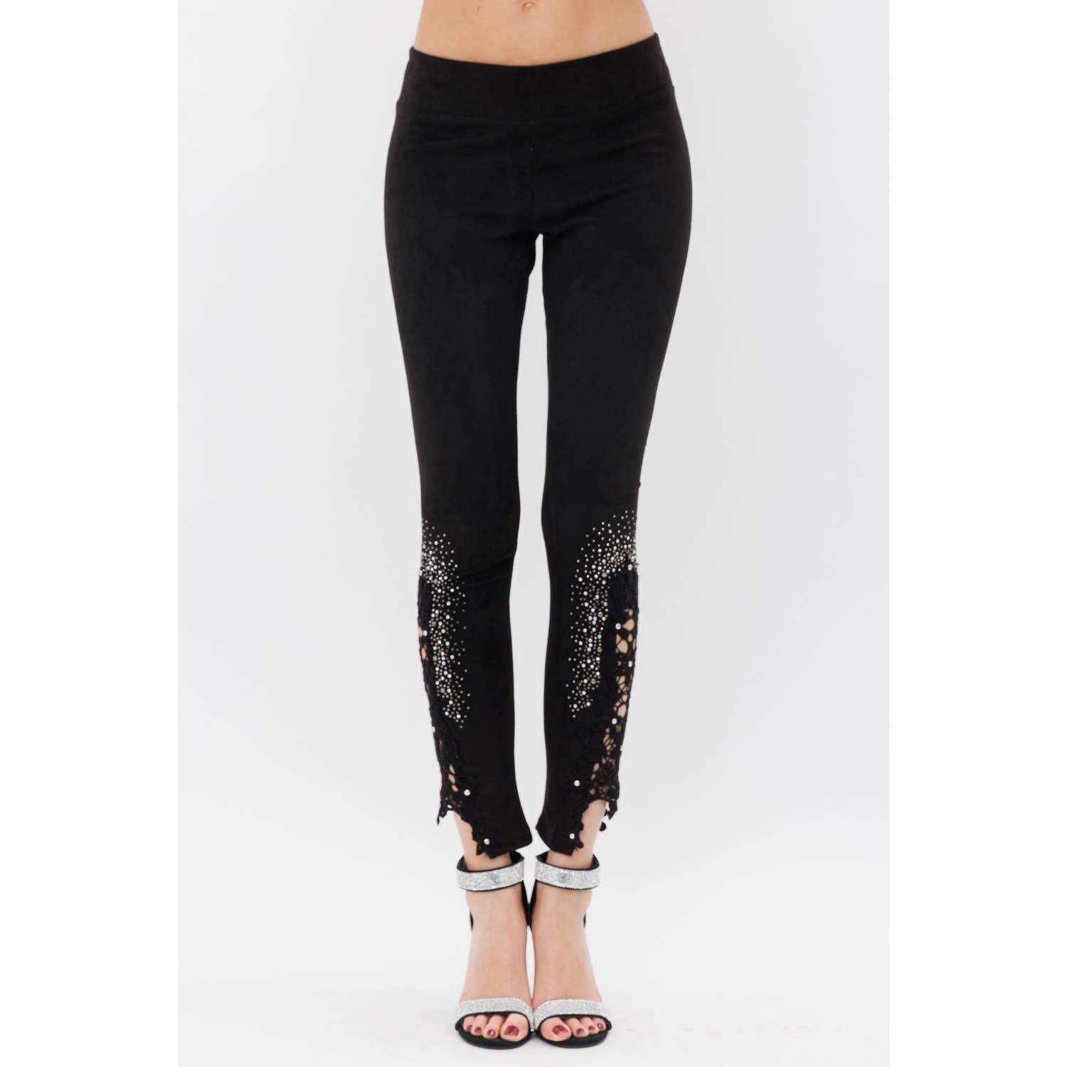 VOCAL - Wholesale Fashion Leggings - Women's - SUEDE LEGGINGS WITH CROCET LACE RHINESTONE0