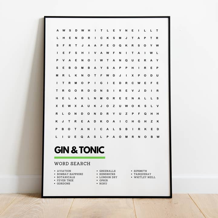 Underdog Studio – wholesale Art print – Gin & Tonic Kitchen Gift Wordsearch Art Print