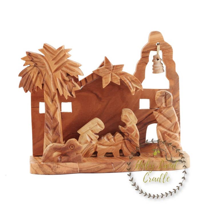 Crèche en forme d'église en bois d'olivier pour la vente par Holy Land Cradle