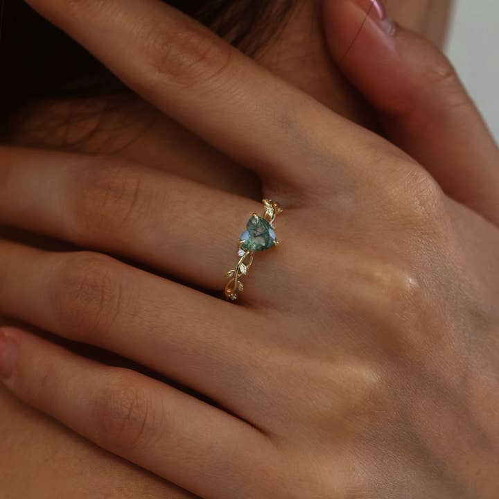 Azura Jewelry - Wholesale Band/Stacked Ring - Everlasting Heart Moss Agate Ring (Yellow Gold)©