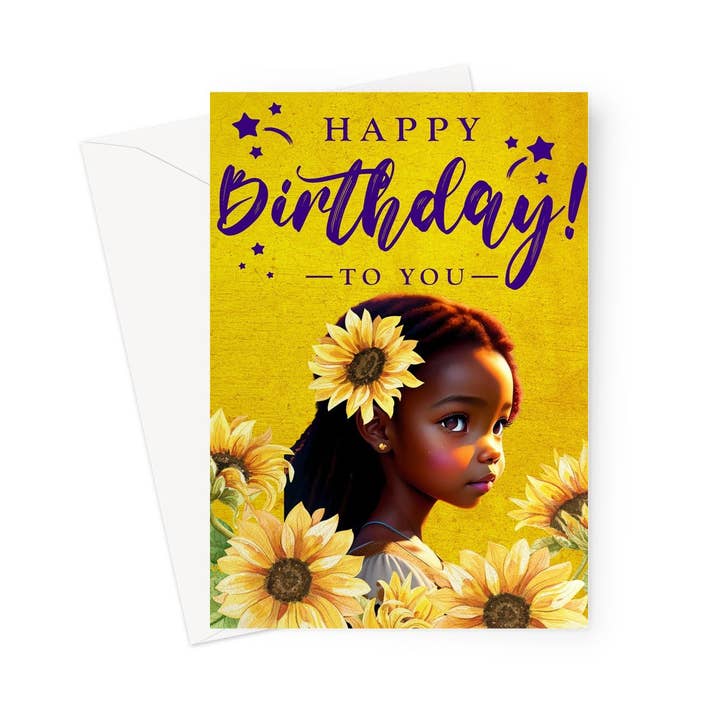 Tarjeta de cumpleaños encantadora de girasol para niñas pequeñas - Diseño vibrante en amarillo y morado con tarjeta de felicitación de deseos alegres para venta al por mayor de D'Sare