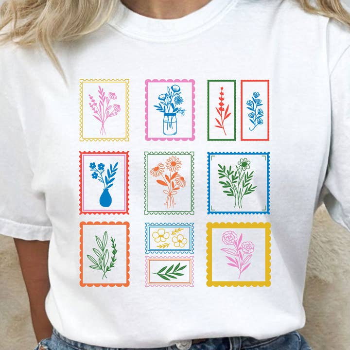 Colorful Flower Stamps Comfort Colors Tee for wholesale by Kissed Apparel