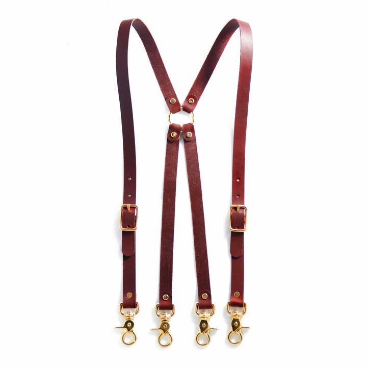 Leather Suspenders - Chestnut (X-back style) for wholesale by Audio Helkuik