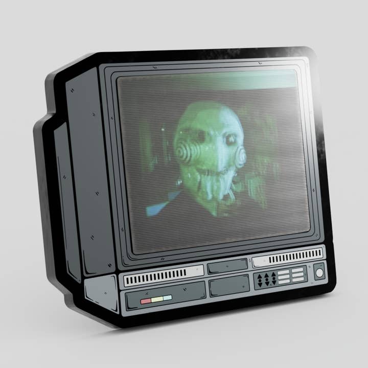 2.5" Lenticular Saw CRTV Enamel Pin for wholesale by GoopyGoblins