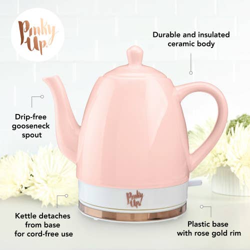 Pinky Up - Wholesale Tea Pot - Noelleâ„¢ Ceramic Electric Gooseneck Tea Kettle - 50oz - Pink