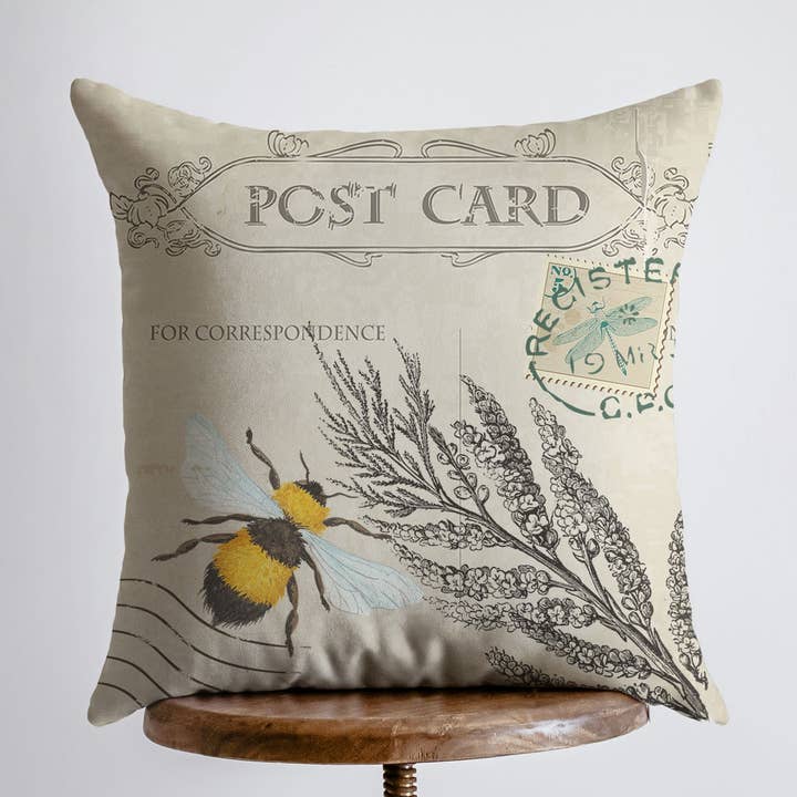 Postcard | Bee | Honey Bee | Pillow Cover | Farmhouse Decor | Room Décor | Insect Pillow | Vintage Decor | Throw Pillows | Gift for her for wholesale by UniikPillows