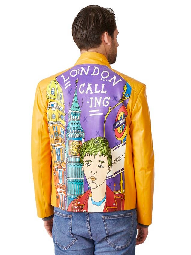 Gele leren jas voor heren met Londense print voor wholesale door Deriderim