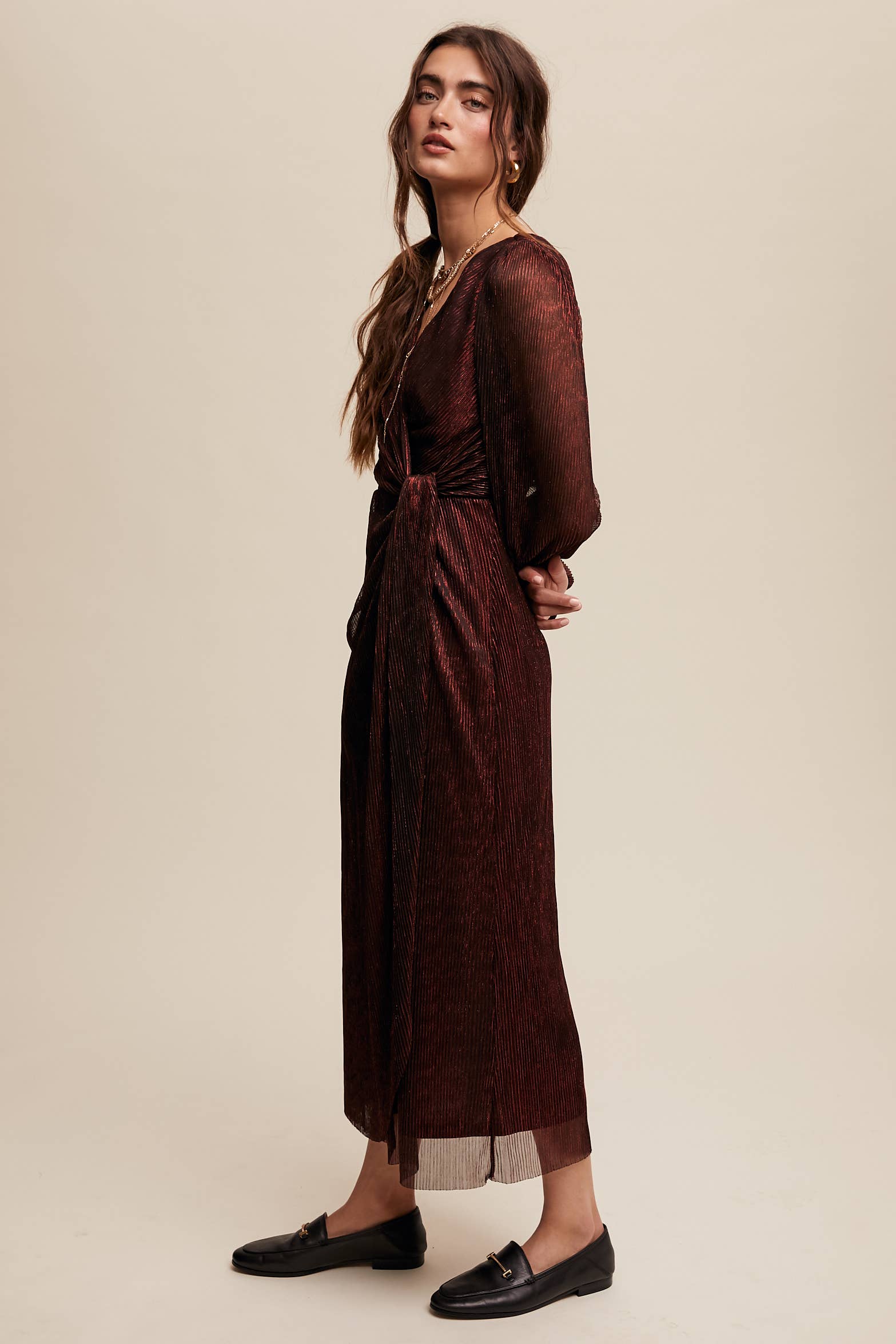 Listicle - Wholesale Jurk - Dames - Glanzende geplooide wikkel midi-jurk LD13228