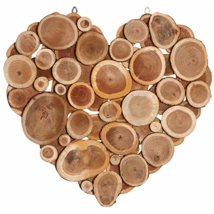 Hanging heart made of silk tree logs for wholesale by Aubry Gaspard
