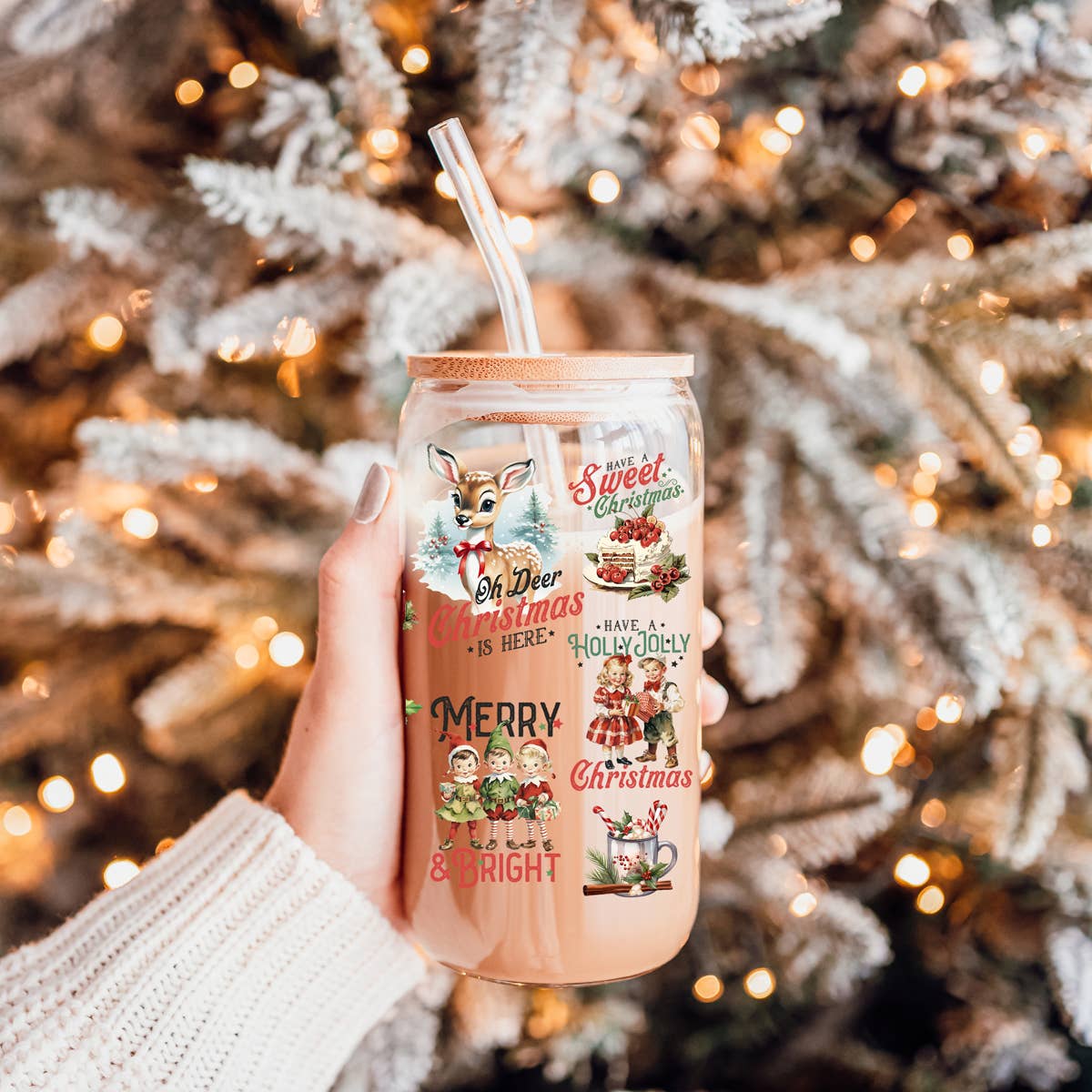 Gia Roma - Wholesale Drinking Glass/Cup - Candy Cane Christmas Can Glass. Cup With Glass Straw & Lid94