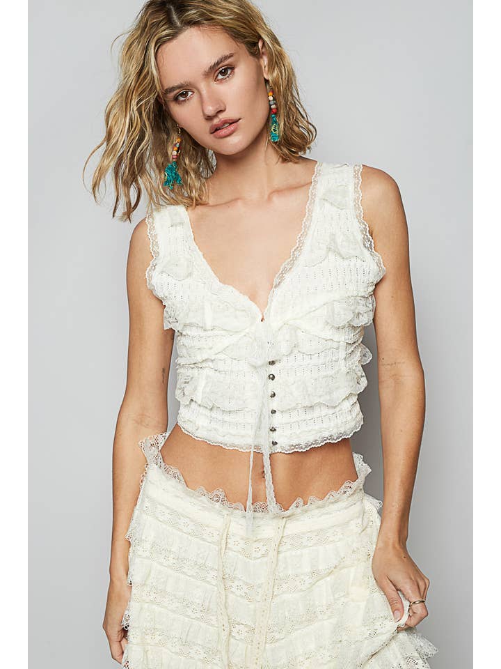 Pol Clothing - Wholesale Blouse - Women's - V-neck sleeveless cropped woven lace top