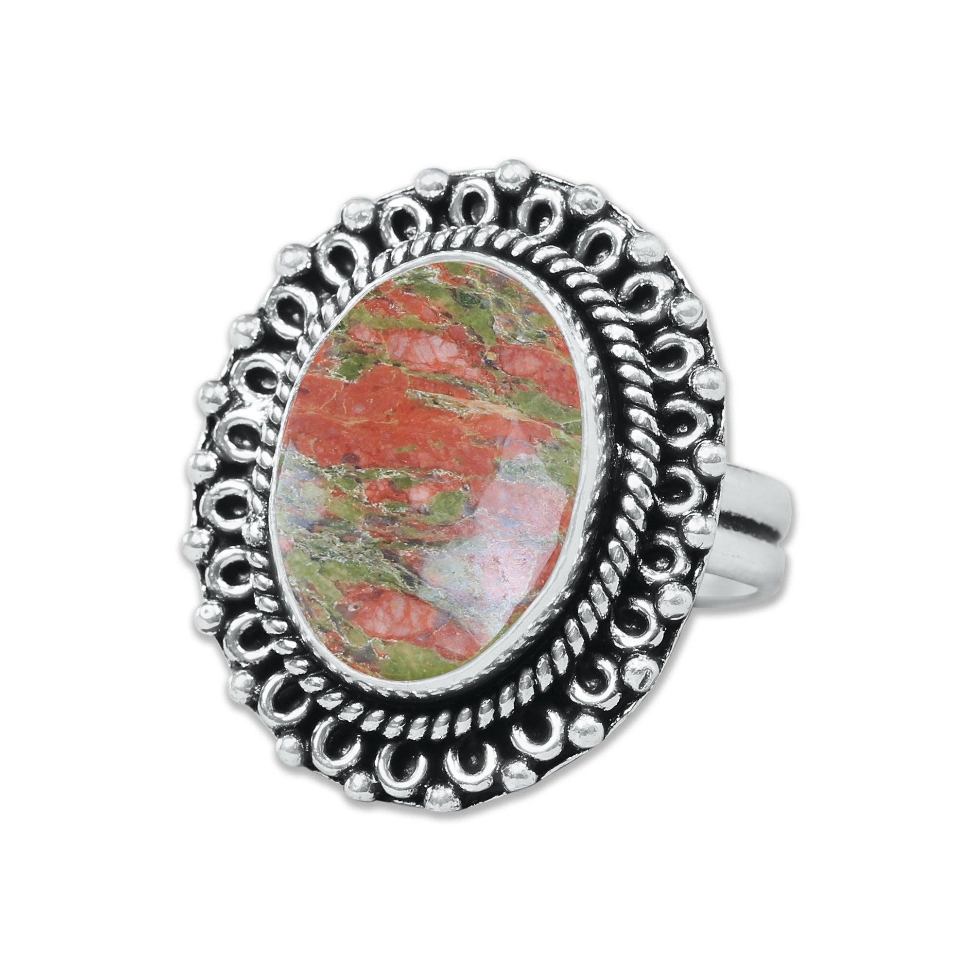 Handmade Jewels - Vente Bague de cocktail/de cérémonie - Bagues en unakite – Fait main, plaqué argent, rose-vert terreux (fabriqué sur commande)14