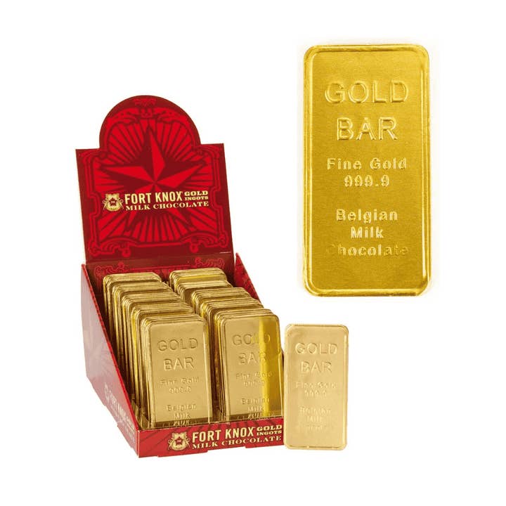Fort Knox Ingot Belgische Melkchocolade Gouden Reep 1oz 4" voor wholesale door Long Island Candy Factory