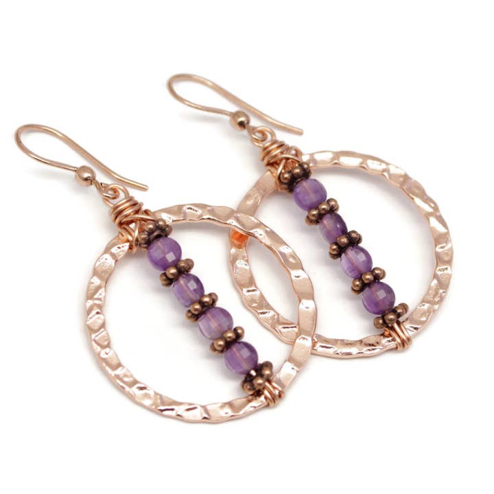 Hammered Copper Circle with Amethyst Handmade Earrings for wholesale by Pillar of Salt Studio
