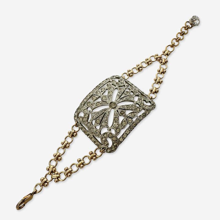 Umgearbeitete antike Strass-Schuhschnallen-Armband mit Messingkette für den Großhandel von Lulu’s Petals