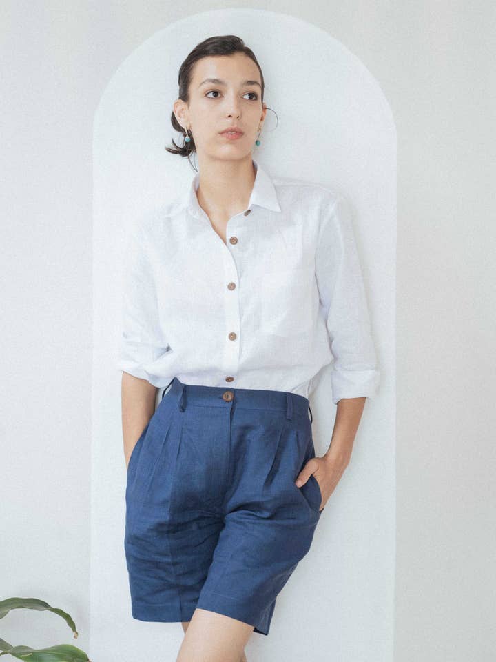 Camisa de linho Classic Button Down Branca por atacado de Drishya Linen