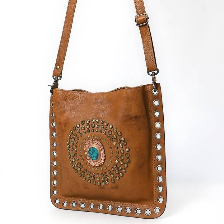ADBGM353 Leather Crossbody Bag with Studded Circle & Turquoise Concho - Western Grommet Shoulder Purse and other Purchase Wholesale stud purse. Free Returns & Net 60 Terms on Faire trending on Faire.