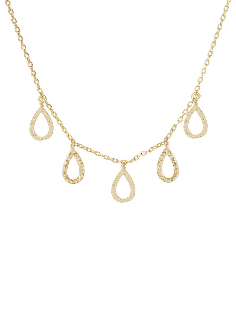Wild Honey - Wholesale Pendant/Charm Necklace - Five Hammered-Texture Cutout Teardrop Charms 18K-Gold-Dipped Necklace2