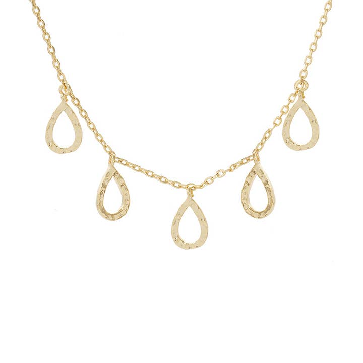 Wild Honey - Wholesale Pendant/Charm Necklace - Five Hammered-Texture Cutout Teardrop Charms 18K-Gold-Dipped Necklace2