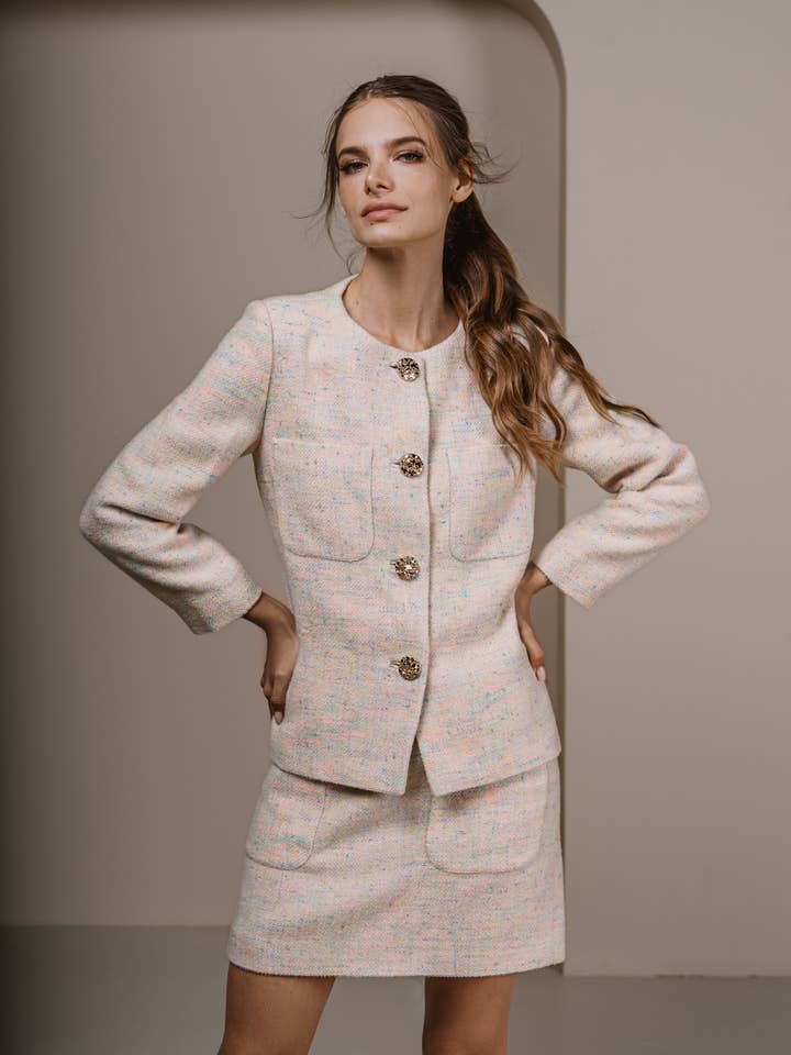 Pastel Tweed Jacket With Gold Buttons for wholesale by ANASTASIIA IVANOVA