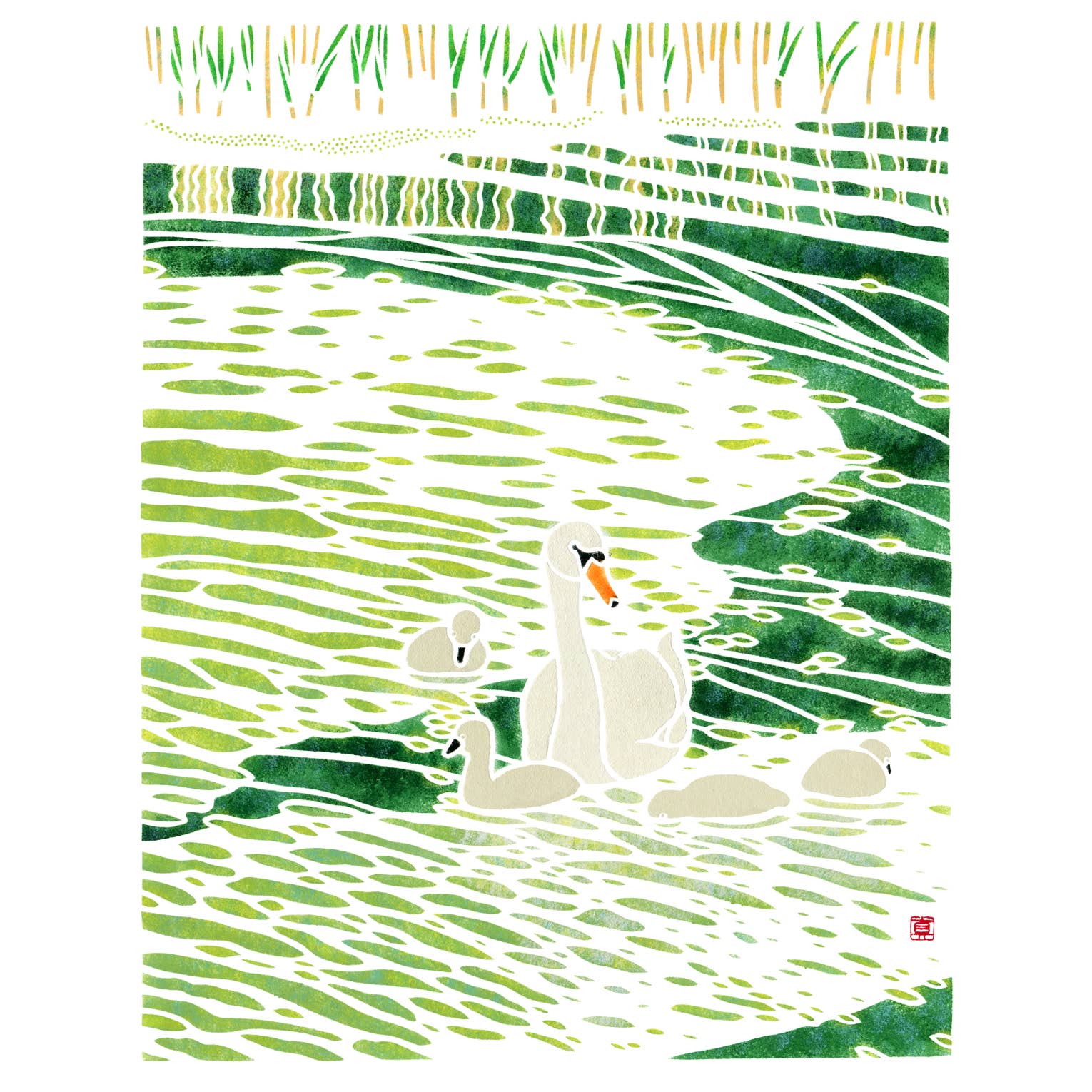 Mayuko Fujino Bird & Nature Art - Wholesale Everyday Greeting Card - A2 Card: Swan Family1