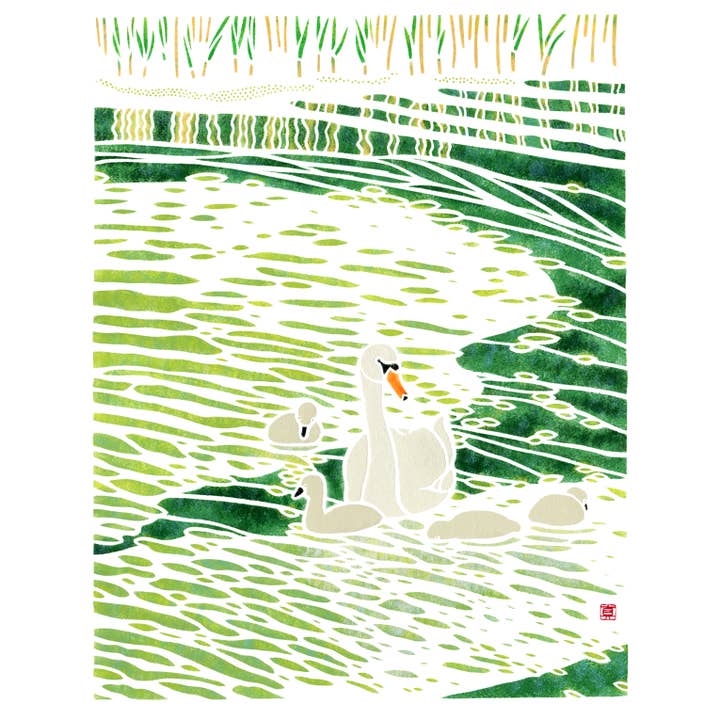 Mayuko Fujino Bird & Nature Art - Wholesale Everyday Greeting Card - A2 Card: Swan Family1