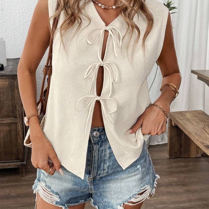 Beige Tie Sleeveless Knit Vest for wholesale on Faire