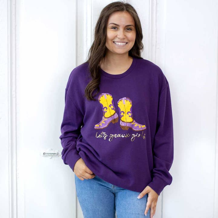 The Royal Standard - Wholesale Sweatshirt - Women's - Let's Geaux Girls Sequin Sweatshirt Purple/Multi -Asst.