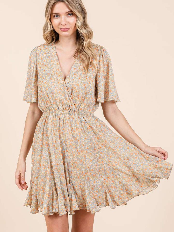 BLOMSTERPRINT CHIFFON SURPLICE FLITTERÆRMET MINIKJOLE for engroshandel hos mittoshop