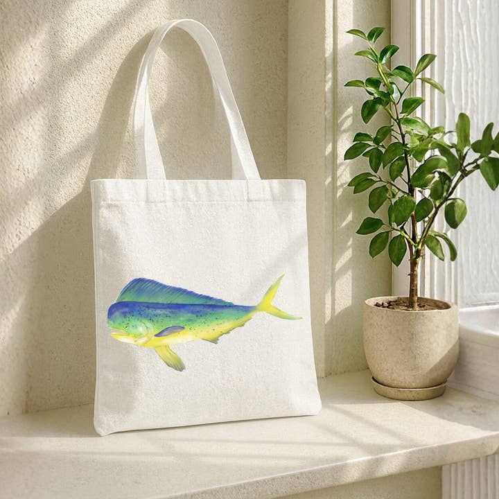Canvas Tote Bag with Mahi-Mahi Illustration for wholesale by MerikaArt
