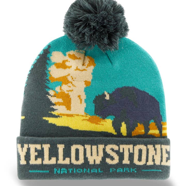 Yellowstone National Park Beanie Hat with Bison Geyser Knit Pom Winter Cap for wholesale by Northern Icons Creations INC