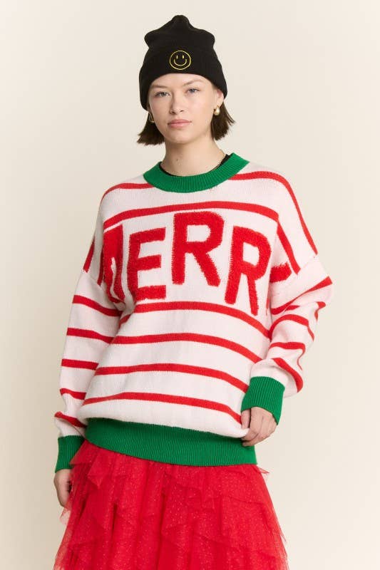WHITE RED PLUS SIZE STRIPED CHRISTMAS MERRY SWEATER for wholesale on Faire3