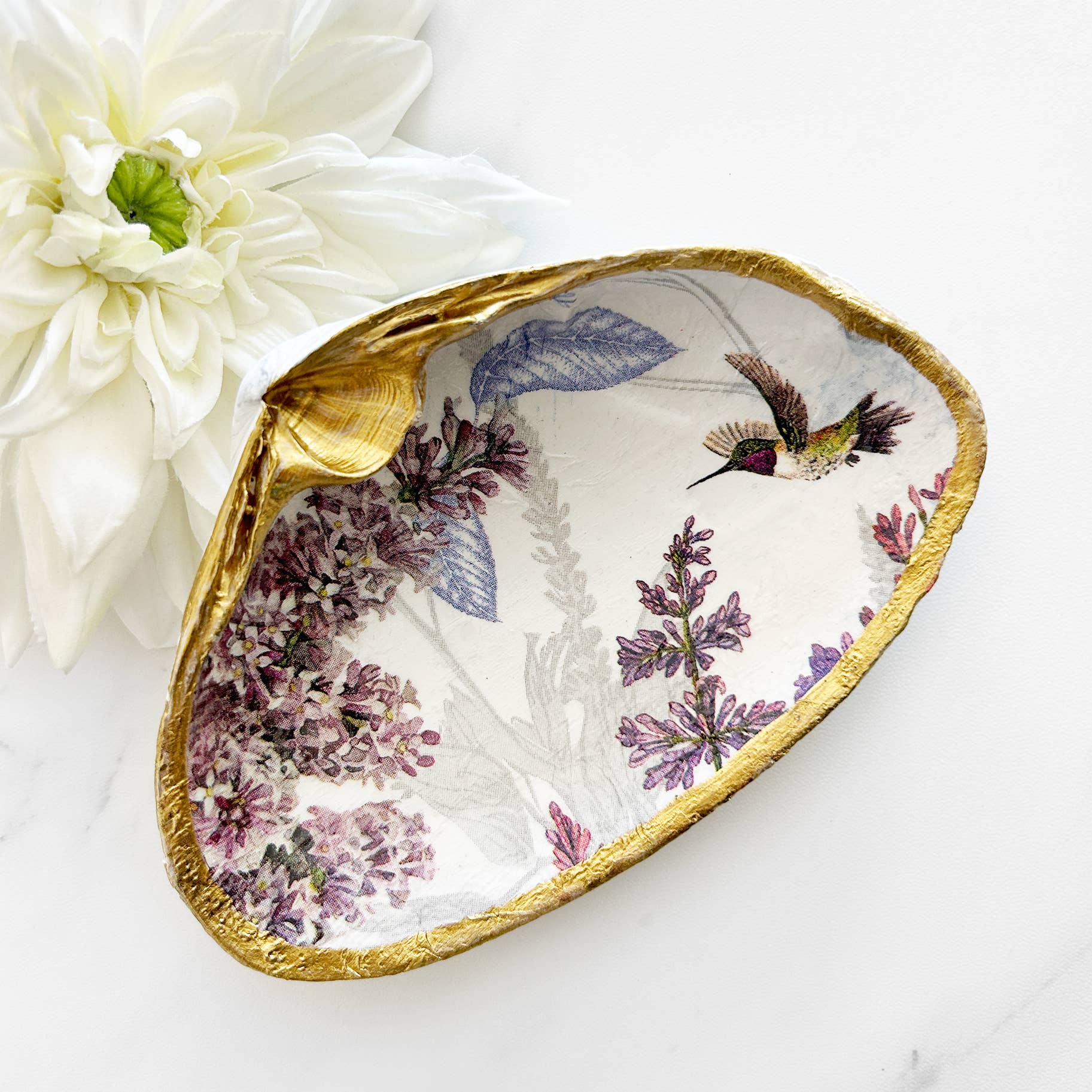 Lilac with Hummingbird Decoupage Clam Shell Trinket Dish for wholesale by Adori Designs