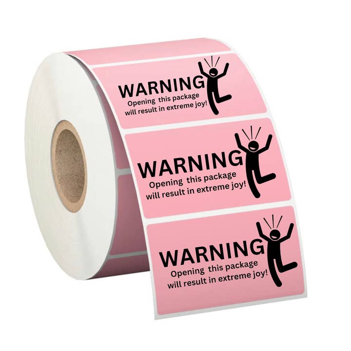 "Warning, extreme joy" funny 500 packaging label/stickers for wholesale by Unknown Designs