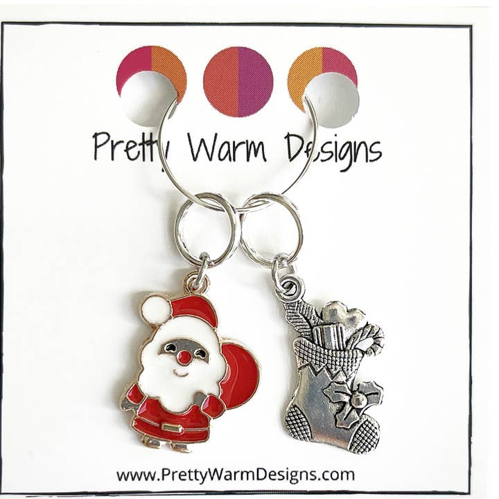 Santa with Toy Sack + Stocking Duo Stitch Markers for wholesale by Pretty Warm Designs