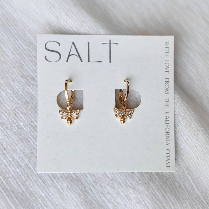 SALT by Sarah Curtis - Wholesale Huggie Earrings - BUMBLE BEE HUGGIE HOOPS | 18K gold | bee charm hoop dangles1