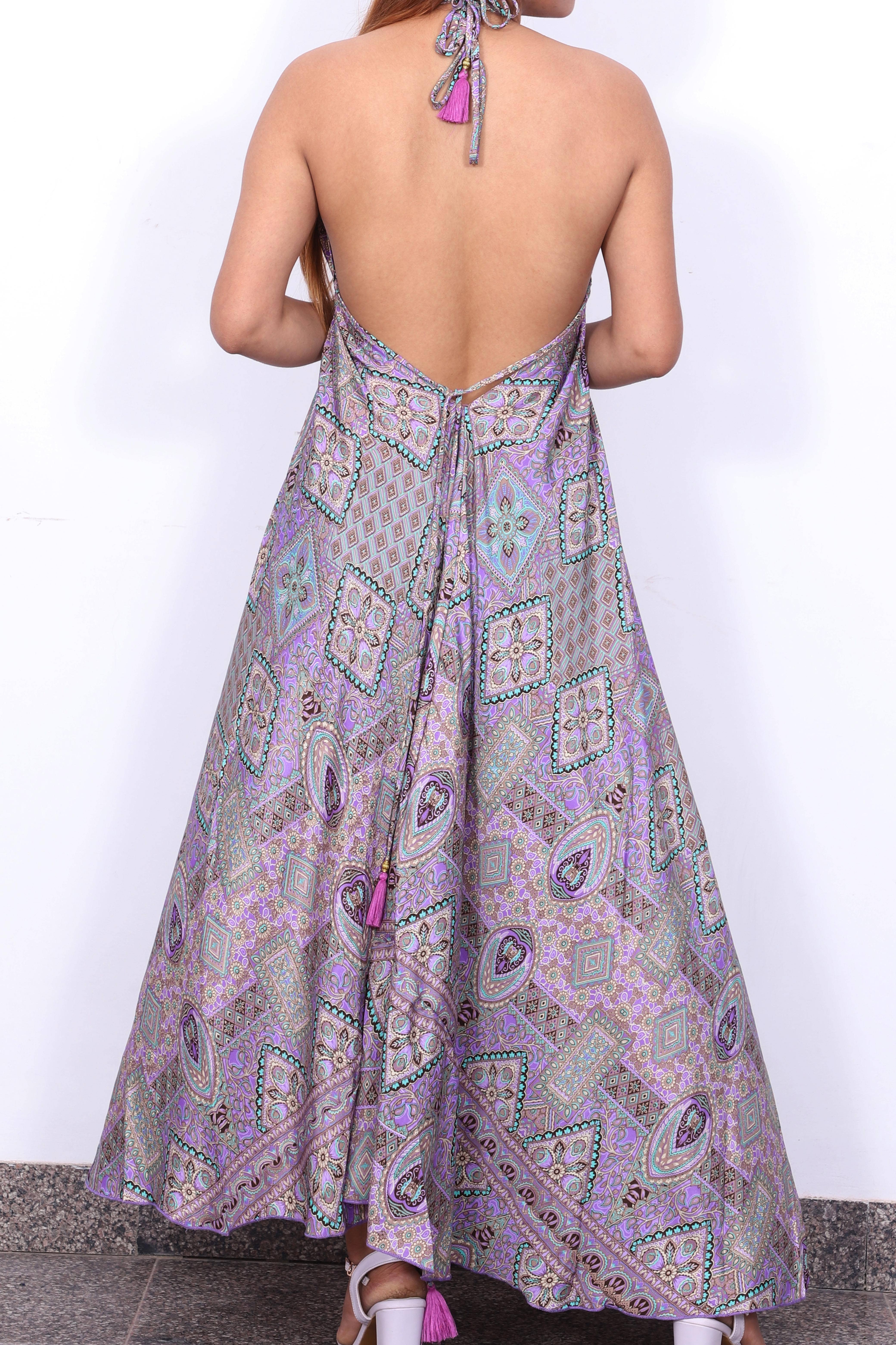 Humanity Centred Designs – Großhandel Kleid – Damen – Boho Kleid Neckholder rückenfrei bedruckte Rüsche in voller Länge3